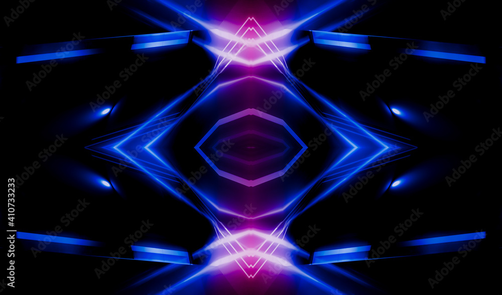 Dark abstract futuristic background. Neon lines, glow. Neon lines, shapes. Pink and blue glow