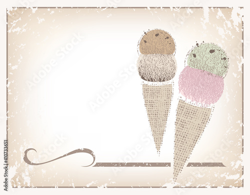 Two ice cream cones made of textures and soft colors 