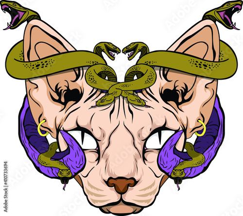Illustration of the head of a sphynx cat with devil horns and medusa snake