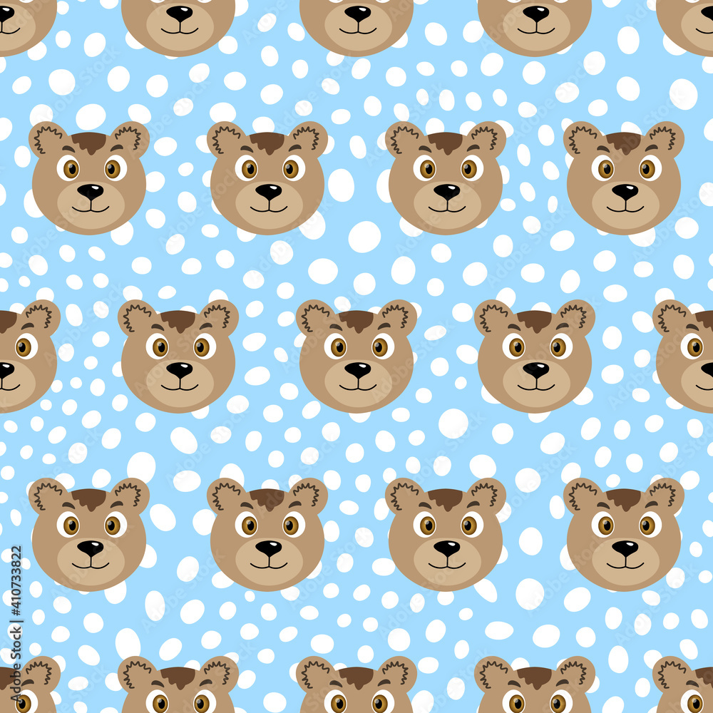 Vector flat animals colorful illustration for kids. Seamless pattern with cute bear face on blue polka dots background. Adorable cartoon character. Design for card, poster, fabric, textile.
