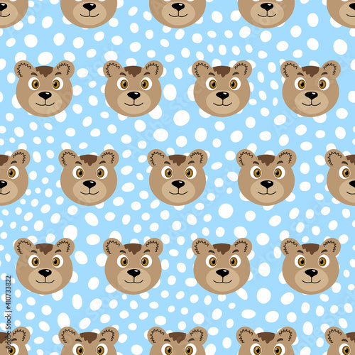 Fototapeta Naklejka Na Ścianę i Meble -  Vector flat animals colorful illustration for kids. Seamless pattern with cute bear face on blue polka dots background. Adorable cartoon character. Design for card, poster, fabric, textile.