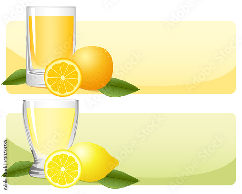 A set of citrus juice banners, one with orange juice and oranges, the other with lemonade and lemons. 
