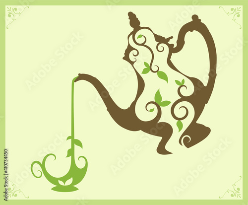 An ornate vintage teapot with a beautiful design pouring green tea to form a teacup
