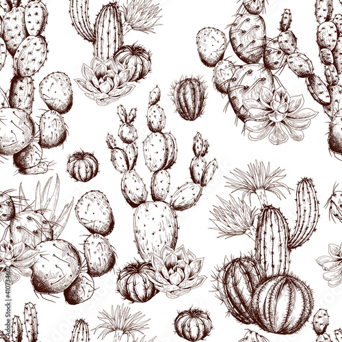 Seamless pattern with sketchy cactuses.