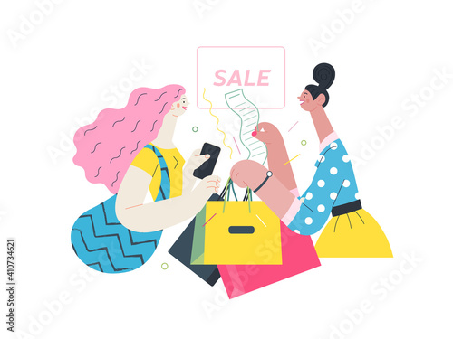 Discounts, sale, promotion - cash desk - modern flat vector illustration concept of a customer and a shop assistant. Selling interaction and purchasing process.