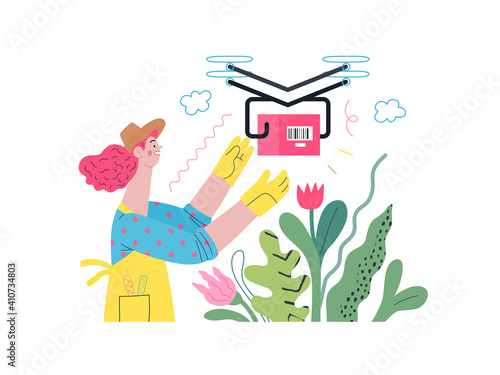 Discounts, sale, promotion - delivery - modern outlined flat vector concept illustration of a woman doing gardening job, wearing apron and gloves, receiving an online order shipped with a drone