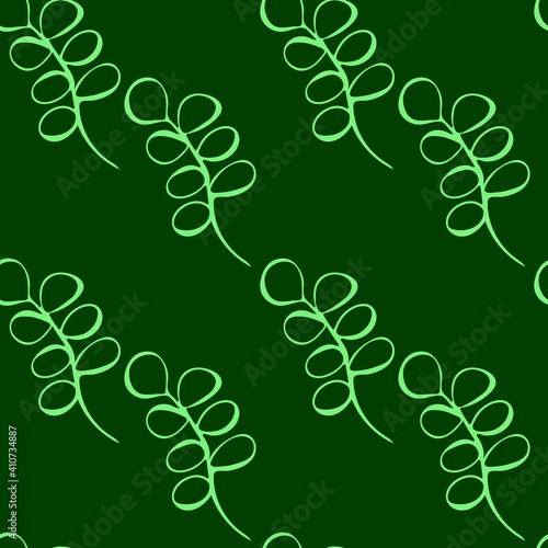 Green twigs of plants on a dark background. Seamless vector pattern. Design for eco-friendly organic stores