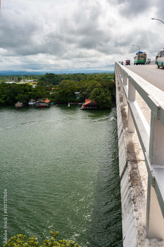 View from above of the flow of the waters of the Rio Dulce