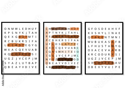 Three posters. Crossword puzzle with words related to coffee. Cafe concept, poster for cafeteria, coffee shop. Word search puzzle with words circled in a brush: espresso, cappuccino, latte, etc. 