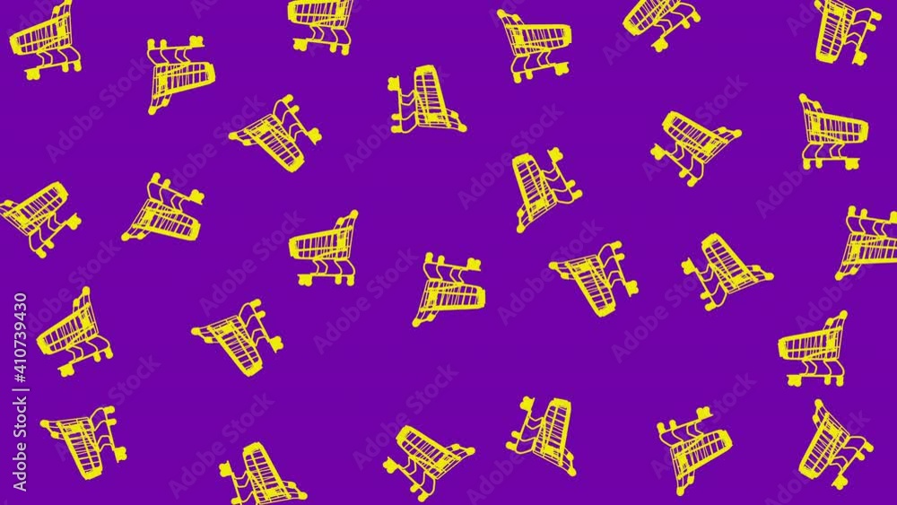 seamless looping animation with many empty shopping carts of yellow color that wiggle against purple background, copy space seamless looping animation with many empty shopping carts of yellow color that wiggle against purple background, copy space