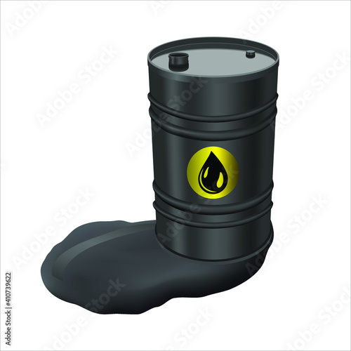 Black metal barrel and spilled oil. Barrel with spilled oil isolated on white background. Concept of pollution. 200L Industrial Oil Barrel. Single black barrel. 3D rendering.