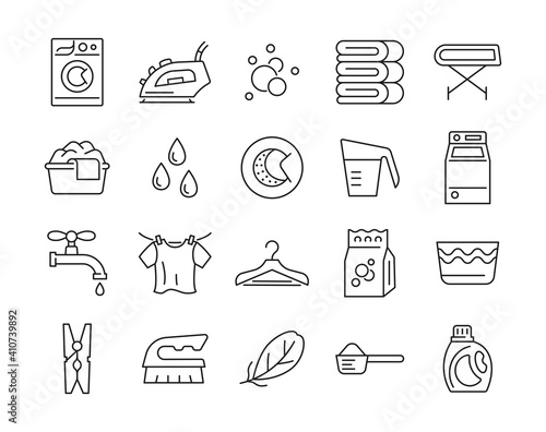 Laundry line set icons. Collection sign with washing machine, iron, clothes, water drops, brush and bubbles. Editable stroke. Vector illustration.