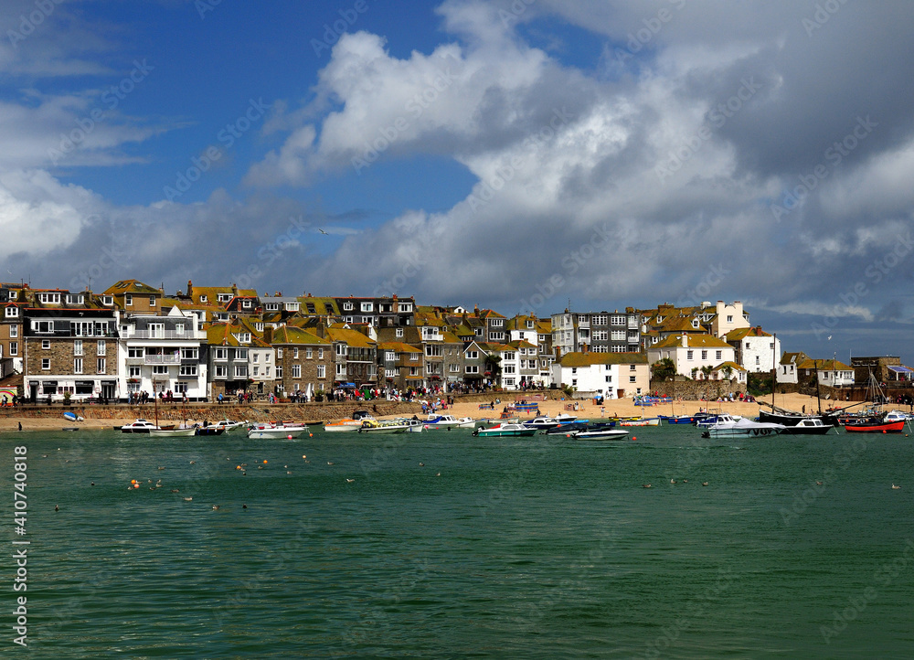 View From Smeatons Pier To The Wharf Of St Ives Cornwall England On A Sunny Summer Day With A Few Clouds In The Sky