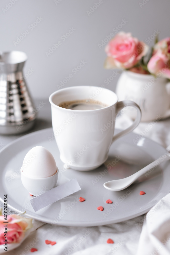 Breakfast romantic still life with coffee, egg, toast, roses and piece of paper. Backspace. Card for valentine's day. Breakfast romantic still life with coffee, egg, toast, roses and piece of paper. Backspace. Card for valentine's day.