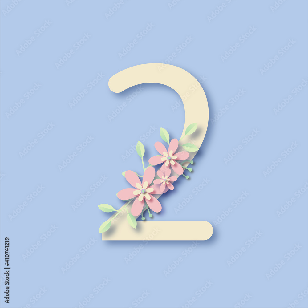 Flower numbers decorated with flowers Elegant numbers 2 with botanical ...