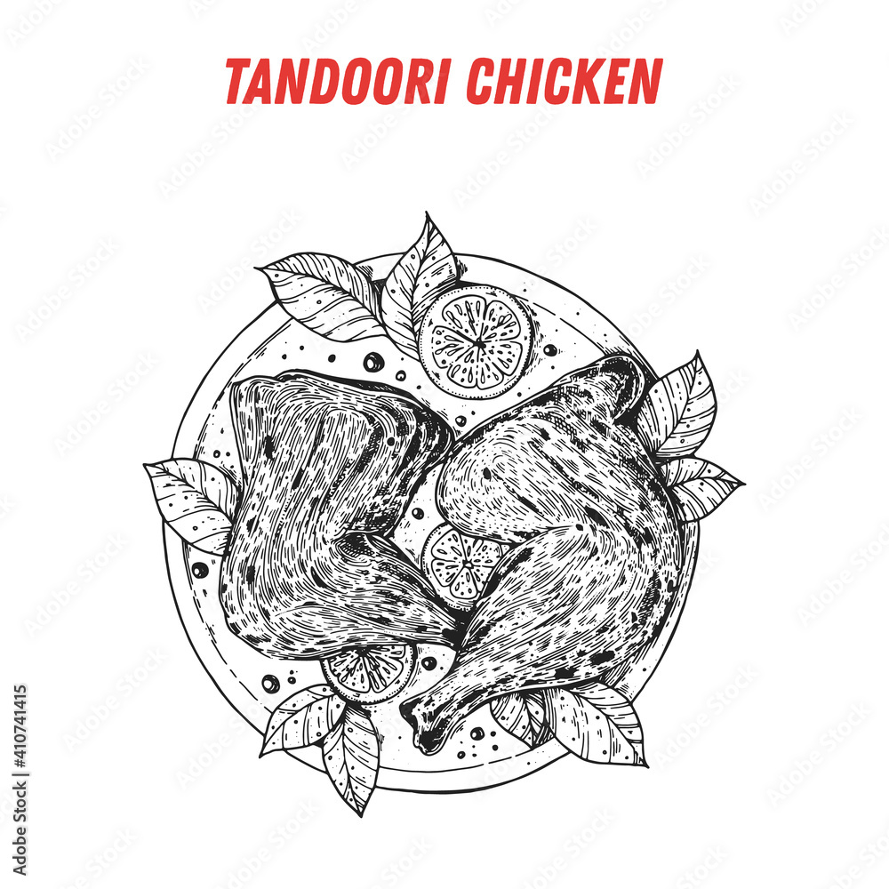 Obraz premium Tandoori chicken, Indian food. Hand drawn vector illustration. Sketch style. Top view. Vintage vector illustration.