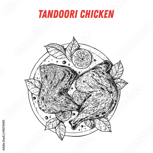 Tandoori chicken, Indian food. Hand drawn vector illustration. Sketch style. Top view. Vintage vector illustration.