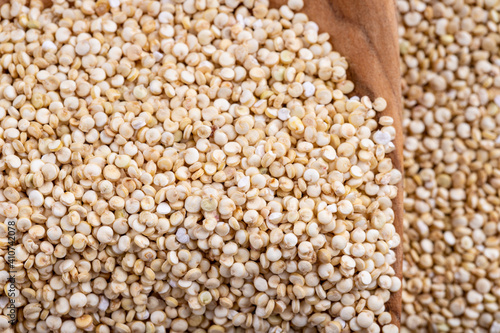 White quinoa background with a wooden spoon, macro closeup