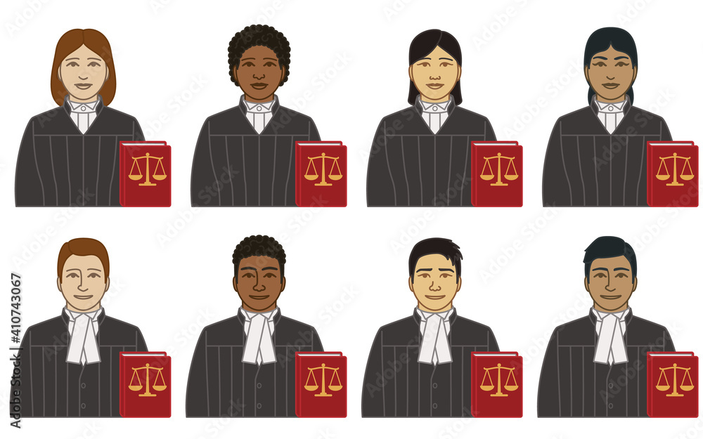 diversity, race, ethnicity of lawyer, attorney vector icons, male and female, with law book and a justice balance, isolated on a white background diversity, race, ethnicity of lawyer, attorney vector icons, male and female, with law book and a justice balance, isolated on a white background