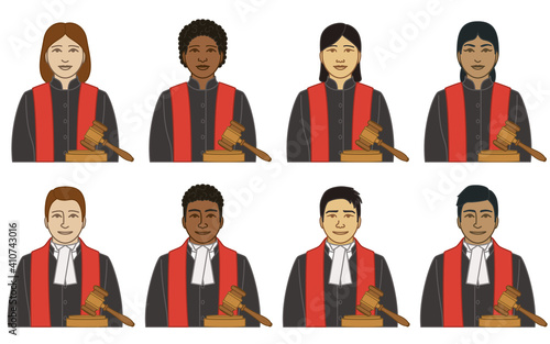 diversity, race, ethnicity of judge vector icons, male and female, in robes with gavel, isolated on a white background