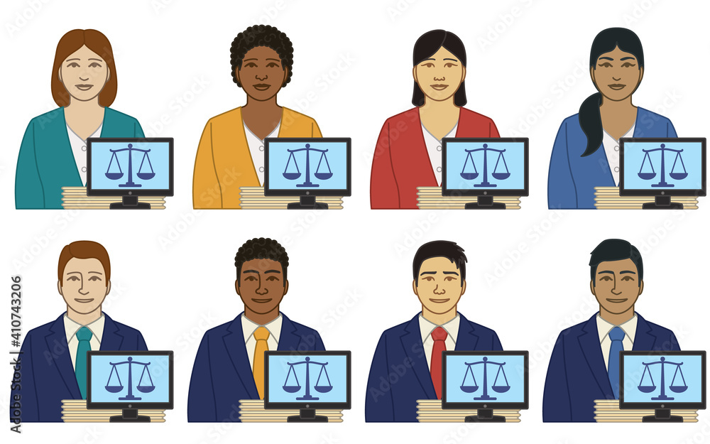 diversity, race, ethnicity of paralegal, legal assistant vector icons, male and female, with file folders and a justice balance on monitor screen, isolated on a white background diversity, race, ethnicity of paralegal, legal assistant vector icons, male and female, with file folders and a justice balance on monitor screen, isolated on a white background