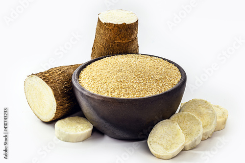 cassava flour in handmade pot, natural organic flour from brazil