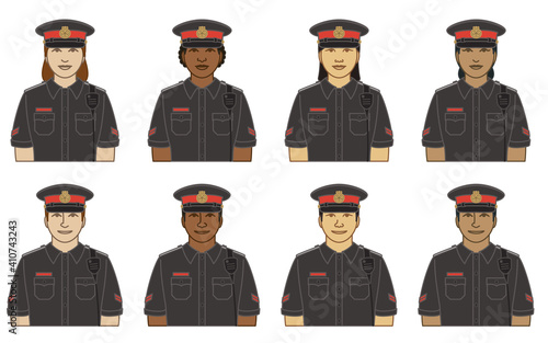 diversity, race, ethnicity of police officer vector icons, male and female, in uniform, isolated on a white background