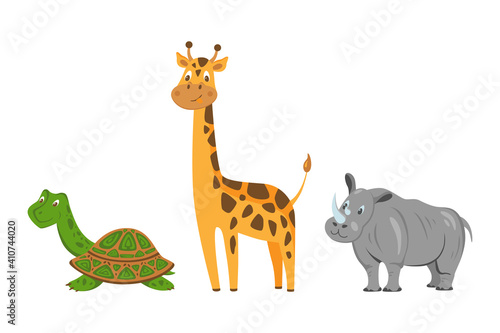 Set 2 of cute animals collection: turtle, giraffe, rhino. African animals