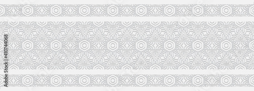 Ethnic convex geometric white pattern in doodling style. Embossed volumetric 3D border for design and decor.