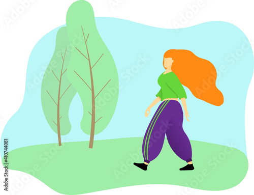 Strong white female  in sweatpants jogger with walking in park with trees long red orange blond hair flat vector illustration
