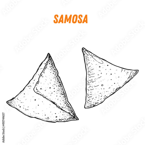 Samosa sketch, Indian food. Hand drawn vector illustration. Sketch style. Top view. Vintage vector illustration.