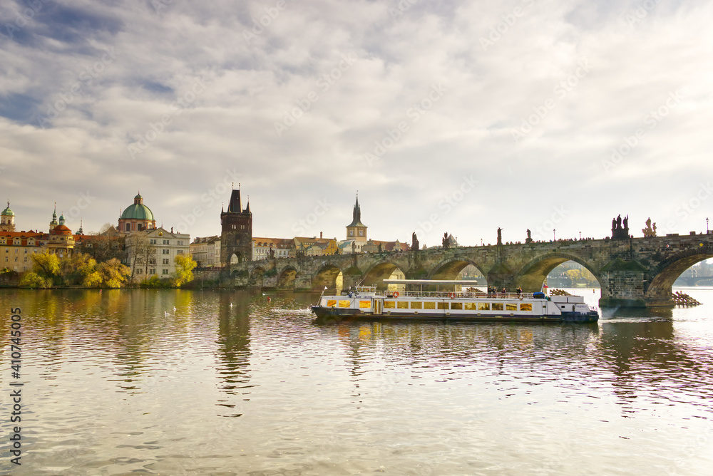 2019 11, Praha, Czech. Prague, Charles Bridge and the river over which tourist boats pass
