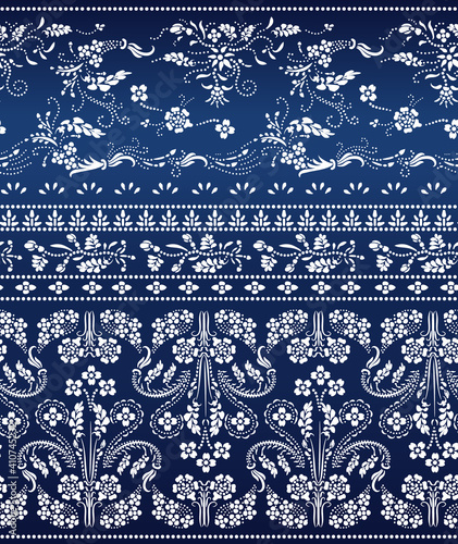Katazome floral seamless border. Traditional Japanese technique using a katagami stencil. Oriental ornamental pattern. Shibori arranged in small dots to form a flower branch border design.
