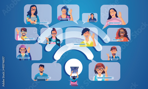 People use Video conference landing Working People on window screen taking with colleagues. Videoconferencing and online meeting wifi icon , man and woman online learning Vector illustration, Flat