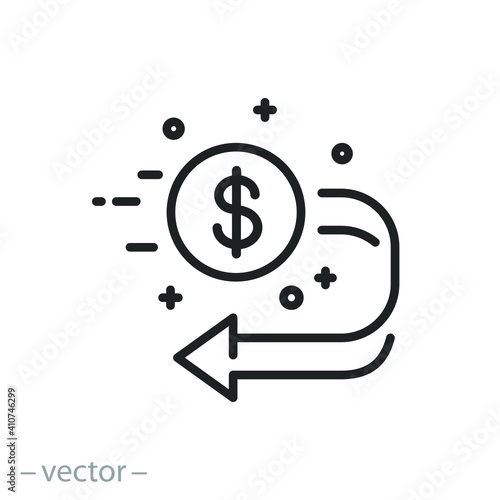 cashback icon, return money, cash back rebate, refund cost buy, financial guarantee, thin line web symbol on white background - editable stroke vector illustration eps10