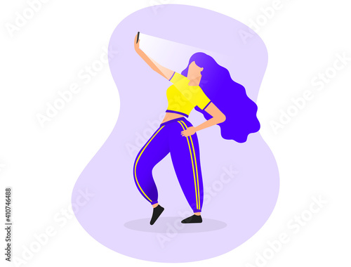 Strong white female holding a phone in sweatpants jogger with long blue hair flat vector illustration