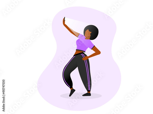 Strong black female holding a phone in sweatpants black and purple with afro hair flat vector illustration