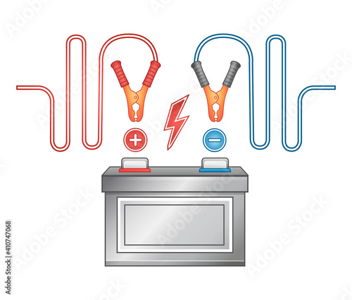 Car auto battery charging icon. Accumulator electrical supply power. Jumper cable with clamps. Using charger to replenish energy portable chemical power supply. Electricity sign. Isolated vector