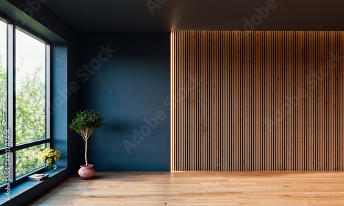 Modern interior design mock up with dark walls and vertical slats panel, 3D Render, 3D Illustration photo