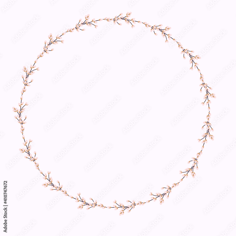 Willow wreath. Round frame made of willow twigs.Easter wreath made of willow stalks.Design for postcards, printing. Willow wreath. Round frame made of willow twigs.Easter wreath made of willow stalks.Design for postcards, printing.