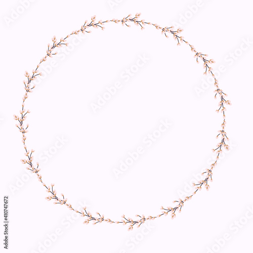 Willow wreath. Round frame made of willow twigs.Easter wreath made of willow stalks.Design for postcards, printing.