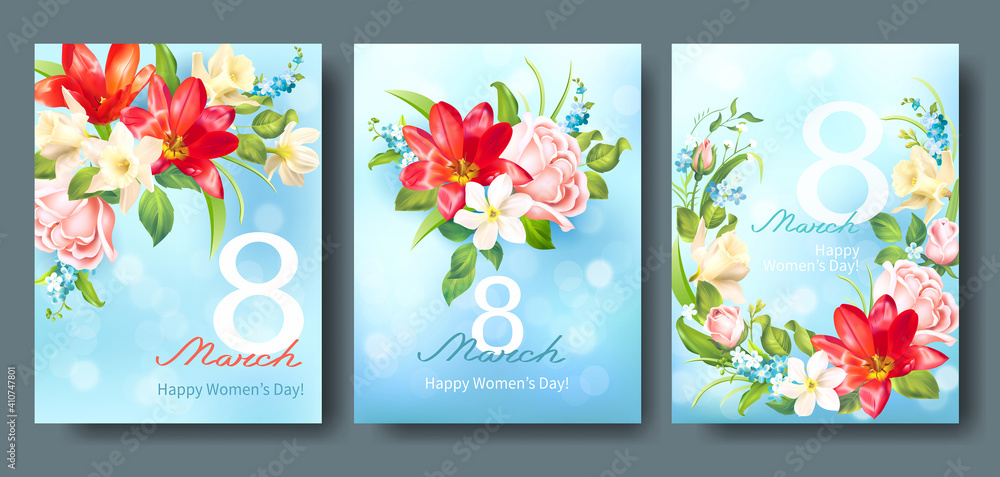 Greeting cards for International Women’s Day 8 March. Banners with spring flowers: daffodils, tulips and roses. Vector set. Greeting cards for International Women’s Day 8 March. Banners with spring flowers: daffodils, tulips and roses. Vector set.