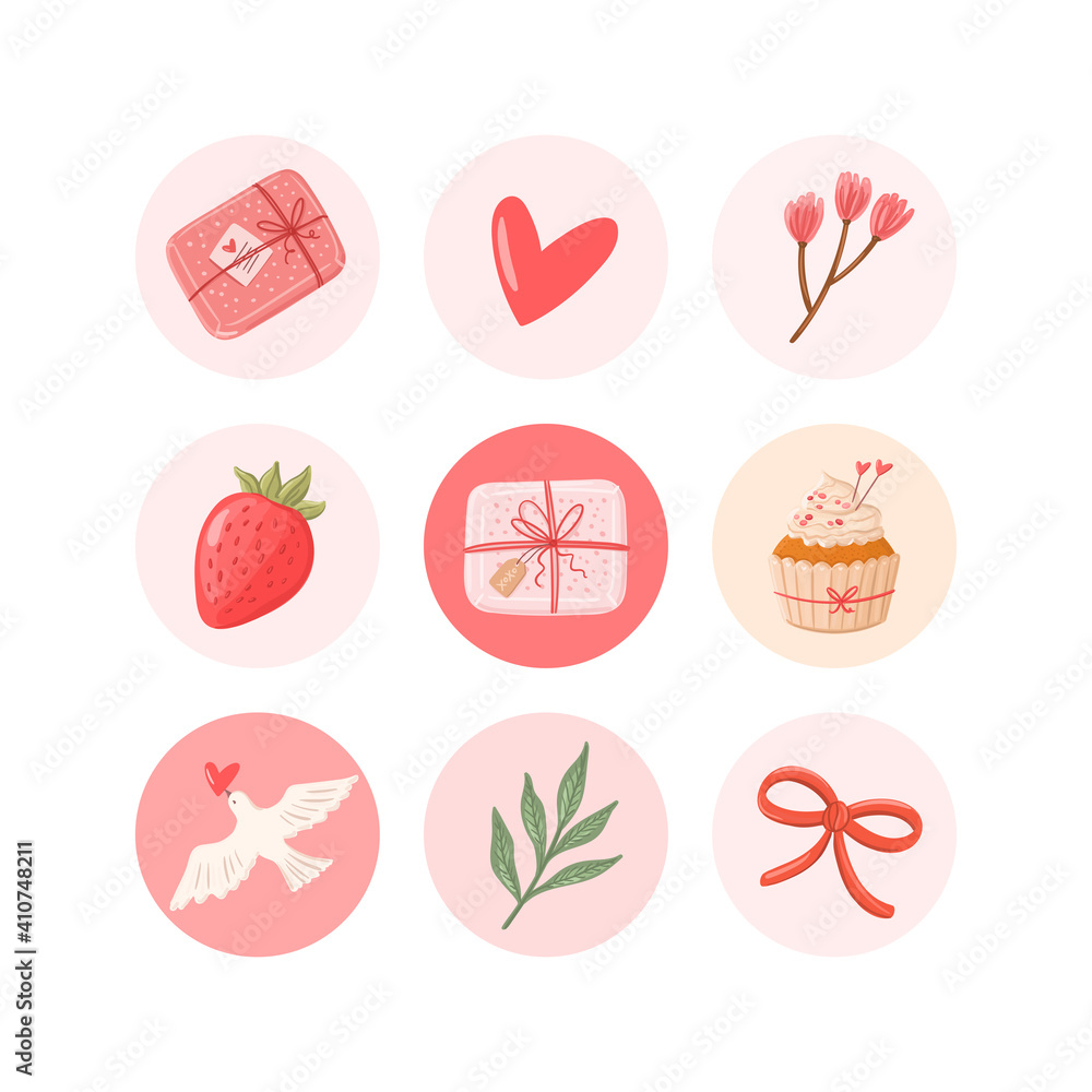 Valentines day vector round stickers set. Romantic highlights cover icons for social media Valentines day vector round stickers set. Romantic highlights cover icons for social media