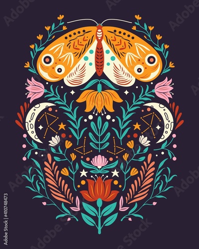 Spring motifs in folk art style. Colorful flat vector illustration with moth, flowers, floral elements and moon.