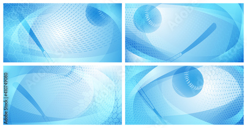 Set of four backgrounds with baseball bat and ball in light blue colors