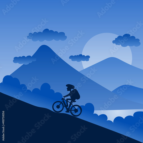 male biker with helmet riding up to hill with landscape background in blue shade and gradient illustration vector.