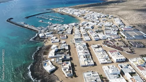 Aerial drone, pueblo costero, playa de la Graciosa, islas canarias photo