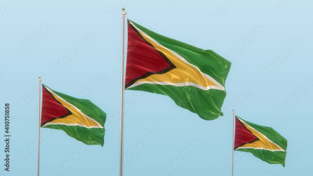 Guyana Flag blowing in the wind with a blue sky With Alpha, 3D rendering Guyana Flag blowing in the wind with a blue sky With Alpha, 3D rendering