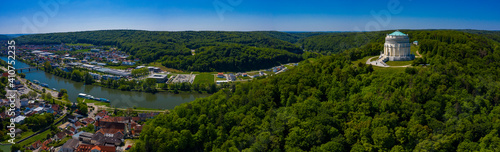 Aerial view of the monument above the city Kelheim in Germany, Bavaria on a sunny spring day 