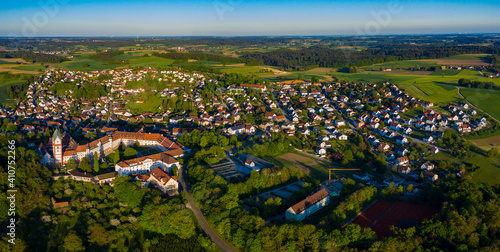 Aerial view of the city and monastery Scheyern in Germany, Bavaria on a sunny spring day afternoon 